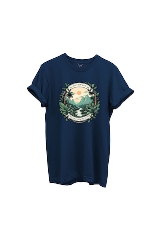 Tropikal Orman Ve Dağ Manzaralı Hunting Doğa Temalı %100 Pamuk Regular Fit Unisex T-shirt Lacivert