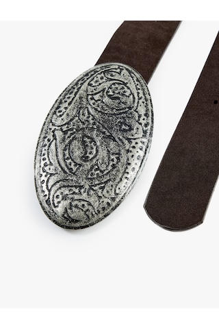 Koton Kabartmalı Desenli Oval Tokalı Suni Deri Kemer Kahverengi 7wak10071aa Kahve