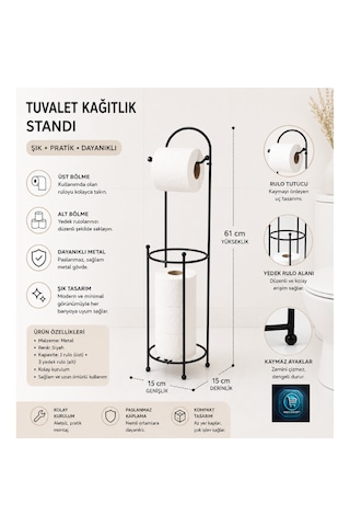 Premium Lüks Siyah Metal Tuvalet Kağıtlık Standı Yedek Rulo Bölmeli 61 Cm