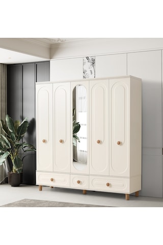 Perla 5 Kapaklı %100 Mdf Elbise Dolabı Gardrop 192x54x212 Ekru