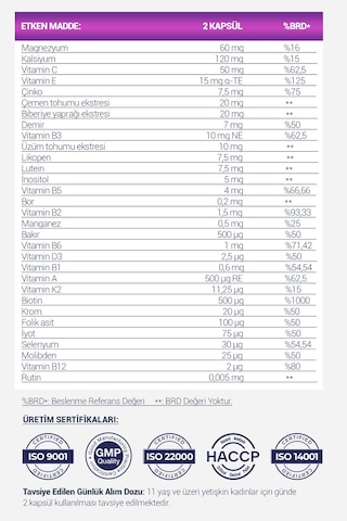 Yetişkin Kadınlar İçin Multivitamin Ve Multimineral İçeren Takviye Edici Gıda 120 Kapsül