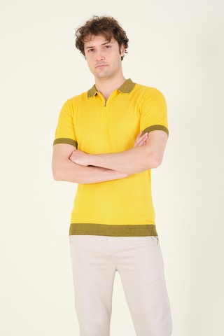 Giyim Dünyası Erkek Renkli Yaka Yarım Fermuarlı Polo Yaka Merserize T-shirt Sarı 001