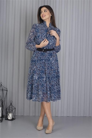 Dip Moda Kadın Kemerli Leopar Desenli Şifon Elbise Dpapcx04 Indigo