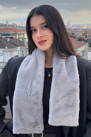 Mollycrush Peluş Yumuşak Soft Atkı Kışlık Suni Kürklü Gri Kadın Atkısı Gri