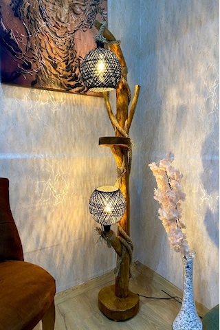 ArtAğaçTasarım Ağaç Lambader Doğal Kütük Köşe Aydınlatma Ahşap Amasya Serisi