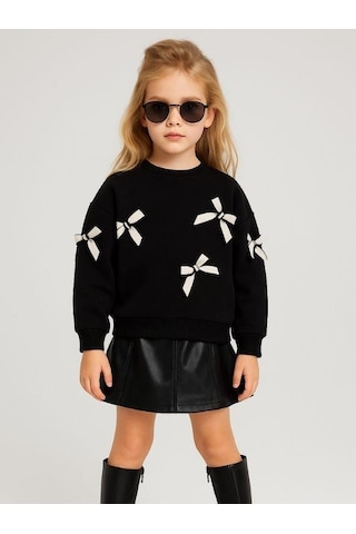 Kız Çocuk Fiyonk Detaylı Sweatshirt-16131 Siyah