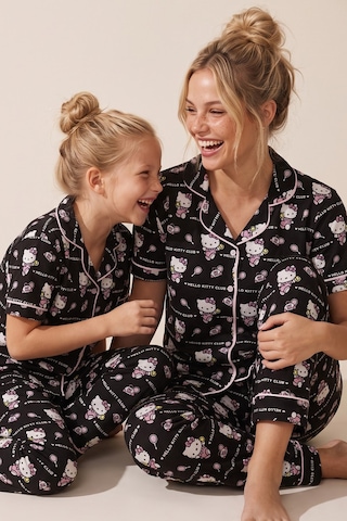 Siyah İnci Hello Kitty Lisanslı %100 Pamuk Pembe Çok Renkli Düğmeli Biyeli Pijama Takım 26120451 Siyah Pembe