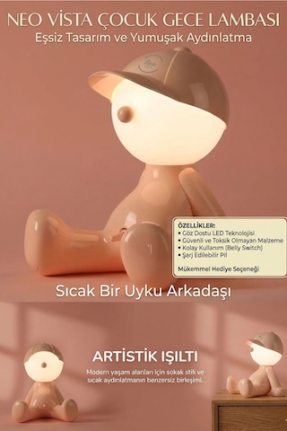 Street-style Şapkalı Çocuk Lamba - Şarjlı Taşınabilir Dekoratif Gece Lambası Pembe 8381888