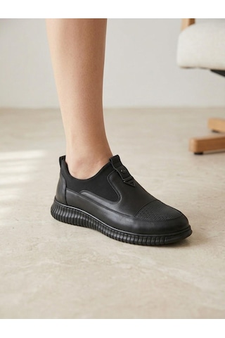 Beren Hakiki Deri Acı Kahve Kadın Ayakkabı Ortopedik Taban Bağcıksız Comfort Casual Günlük Sneaker Siyah