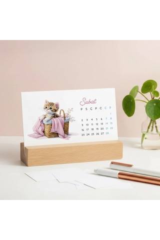 2027 Sevimli Yavru Kedili Masa Takvimi Doğal Ahşap Tabanlı Takvim Pastel Pembe Kedi İllüstrasyon