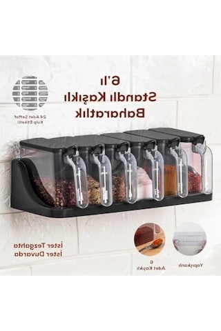 Kendinden Yapışkanlı 6'lı Baharatlık Takımı, Standlı Ve Kapaklı Açık Bej