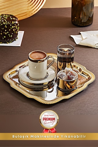 Grimorlife Tepsili Gold Porselen Fincan Seti Damat Kahvesi-söz Nişan Türk Kahvesi Kahve Fincanı Gold