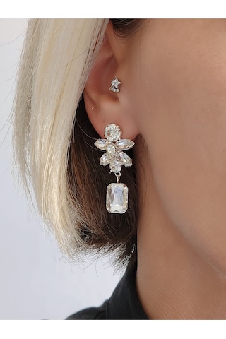 Çiçek Model Kristal Taşlı Küpe Silver