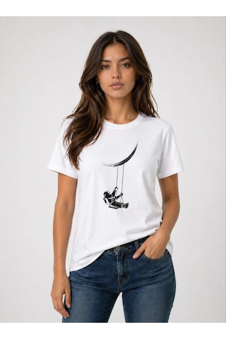 Novalisse Kadın Astronot Ay Temalı Tişört Kısa Kol Yazlık Bisiklet Yaka T-shirt - Beyaz Çoklu Renk