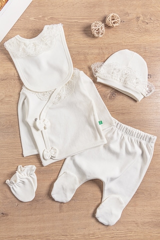 Natural Güpürlü 5'li Kız Bebek Hastane Çıkışı Bebek Takımı Krem