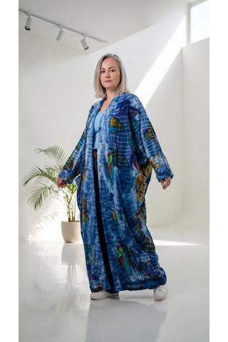 Byemelika %100 Pamuk, Bürümcük, Lastik Detay, Bohem Lidya Kaftan Beyaz Mavi