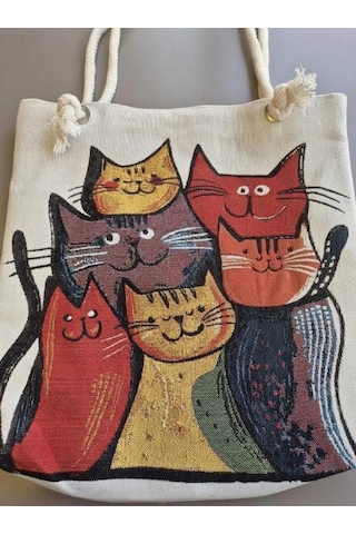 Genel Markalar Goblen Kadın Omuz Çantası+ Kedi Desen4 Krem.karışık Renkli Desenli