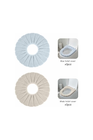 Yumuşak Tuvalet Oturağı Minderi 2 Parça Set Bej Mavi Triko Örgü B Diğer