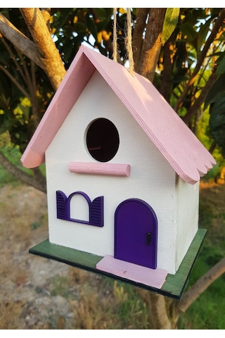 El Yapımı Ahşap Kuş Yuvası Dekoratif Kuş Evi Bahçe Balkon Dekorasyon Kayın Ağacı Vernikli Pembe Beya