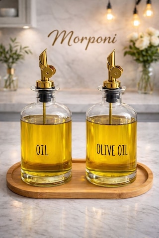 Qerhome Bambu Stantlı 2'li Gold Başlıklı Şeffaf Cam Yağdanlık Seti 500 Ml+500 Ml Oliva Glass Beyaz