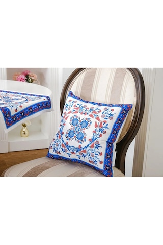 Çini Baskılı Kumaş Kreme Mavi Kırlent Kılıfı 45x45 Cm Ikili - 1436 45 x 45