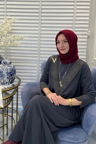 Rabia Şamlı Venüs Cupra Detaylı Triko Elbise Antrasit Normal