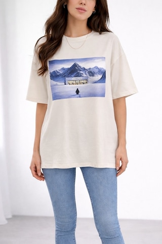 Soft&Basic Kadın %100 Organik Pamuk Baskılı Bisiklet Yaka T-shirt Beyaz