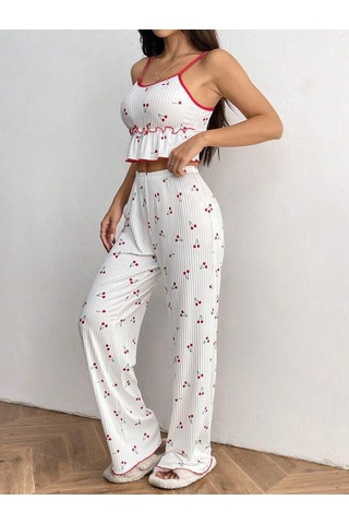 Gazaniga Kadın Beyaz Likralı Desenli Askılı Gecelik Pijama Takımı Chery