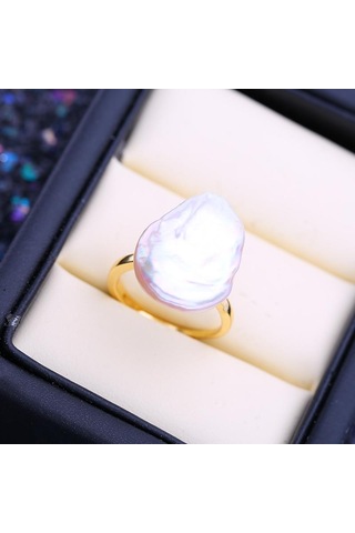 Lsooyh Doğal Tatlısu Büyük Barok Inci Yüzükler Kadınlar Için Klasik Altın Renk Parti Yüzük Inci Takı Beyaz