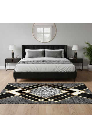 Gri Ve Altın Renklerde Modern Geometrik Desenli Dijital Baskılı Halı Kaymaz Tabanlı, Üçgen Ve