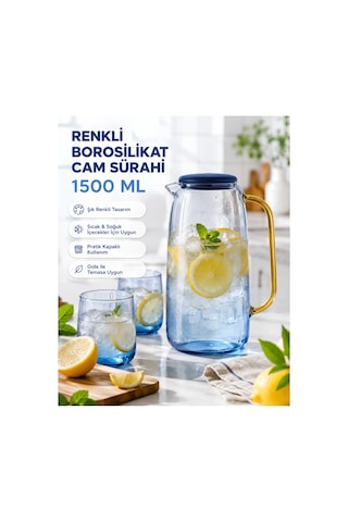 Cambu Renkli Borosilikat Cam Sürahi 1500 Ml Kapaklı, Kulplu Su Ve Soğuk İçecek Karafı