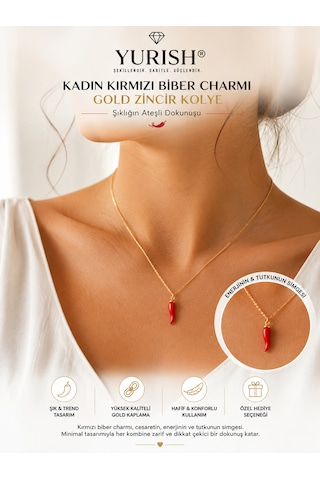 Kadın Kırmızı Biber Charmı Gold Zincir Kolye 0143 - Kırmızı