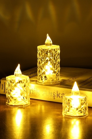 3 Lü Elmas Kristal Desenli Led Mum Seti Pilli Dumansız Alevli Dekoratif Yapay Mum Sarı