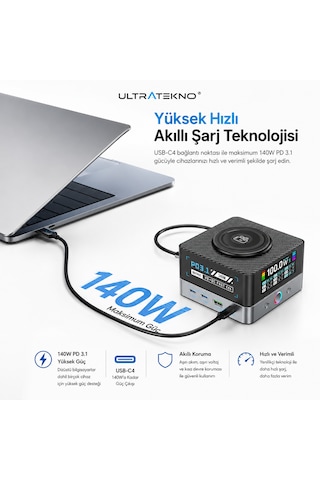 Ultratekno Wlx-r8a 680w Gan 8 Port Pd 3.1 Hızlı Şarj İstasyonu Kablosuz Şarj Destekli Usb Type-c Laptop Telefon Tablet Şarj Cihazı Siyah-Gri