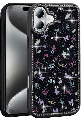Apple Uyumlu iPhone 16 Kılıf Taşlı Ve Simli Tasarım Zore Azra Kapak Siyah