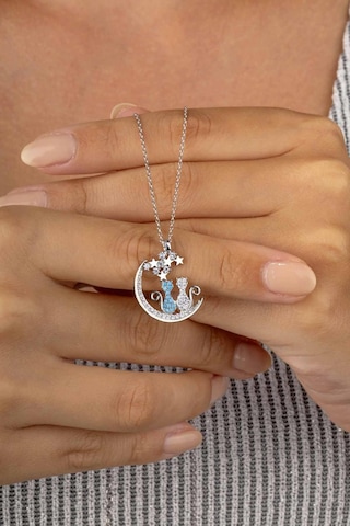 Gümüş Pazarım Firuze Taşlı Yıldızları İzleyen Çift Kedi Kadın Gümüş Kolye Altın - Gümüş