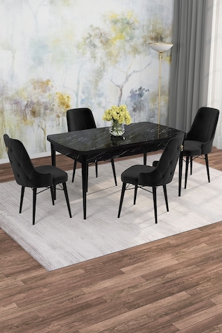 Mona Siyah Mermer 80x132 Açılabilir Mdf Masa Yemek Odası Takımı, Mutfak Takımı 4 Adet Sandalye Siyah Mermer - 4 Siyah - Siyah Ayak