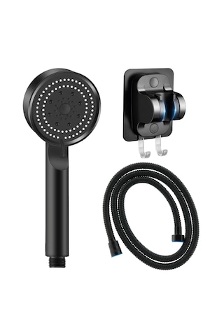 Maxima 5F Duş Başlığı + Yapışkanlı Mafsal + Hortum Seti Siyah