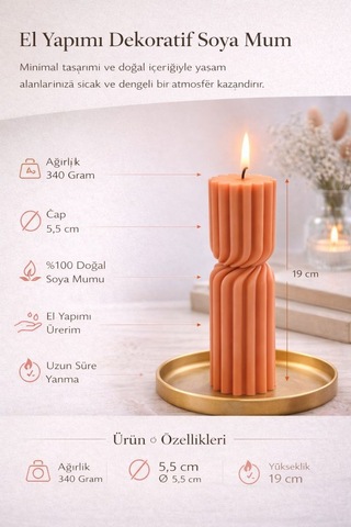 Dekoratif Lüks Soya Mum, El Yapımı Doğal Mum, Uzun Yanma Süreli Ev Hediyesi, Ev Süsü Turuncu 340 G Turuncu