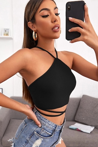 Epilons Zenvial Kadın Siyah Sırtı Açık Boyundan Çapraz Bağlamalı Crop Top Bluz Zenviall2