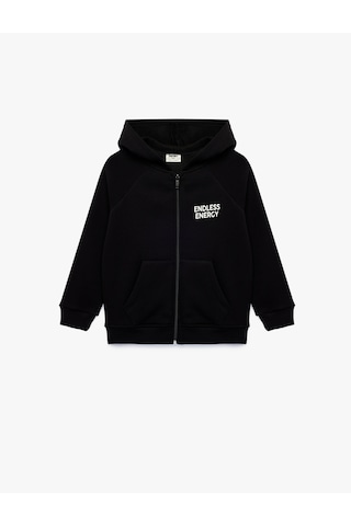 Koton Baskı Detaylı Pamuklu Cepli Üç İplik Şardonlu Kapşonlu Fermuarlı Sweatshirt Siyah 7wkb10228tk