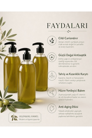 %100 Doğal Zeytinyağlı Ve Defne Özlü Sıvı Sabun - Cilt Canlandırıcı & Nemlendirici - 3 Adet %100 Doğal Zeytinyağlı Ve Defne Özlü Sıvı Sabun - Cilt Canlandırıcı & Nemlendirici - 3 Adet