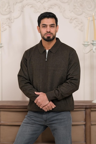 Woolen World Polo Yaka Fermuar Kapamalı Klasik Kesim Astarlı Çelik Örgü Hırka Kahverengi