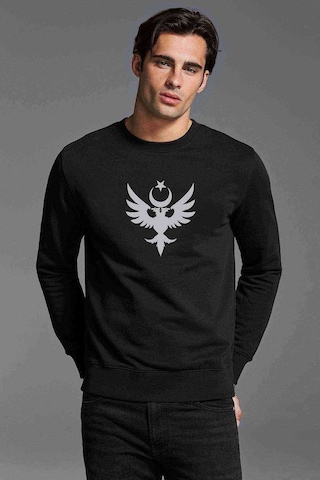 Göktürk Türk Selçuklu Kartalı Baskılı Siyah Erkek Örme Sweat