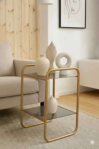 Odessa Yan Sehpa - Gold Metal Modern Yan Sehpa Füme Camlı Şık Salon Sehpası Gold