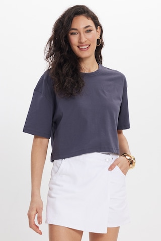 Tudors Kadın Slim Fit Dar Kesim Pamuk Kısa Kollu Bisiklet Yaka Gri Crop Tişört-50469 L