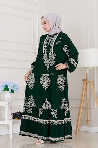 Sevitli Yarım Düğmeli Robalı Beyza Elbise-yeşil-5142