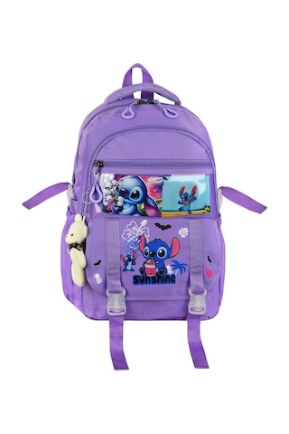 Stitch Baskılı Ortopedik Aksesuarlı Anahtarlıklı Okul Çantası Termal Beslenme Ve Kalemlikli Set Mor