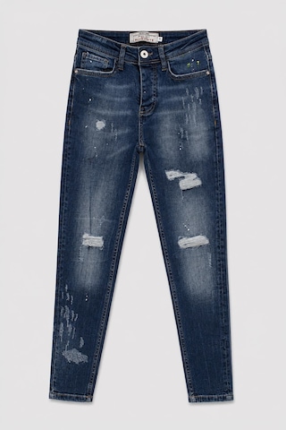 Blue White Erkek Skinny Ripped Patch Detaylı Jean Koyu Mavi 27
