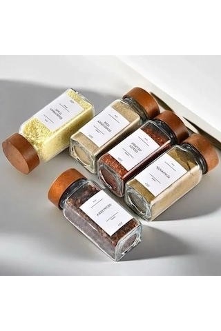 12'li Bambu Ve Akasya Kapaklı Cam Baharatlık Seti, 120 Ml Açık Bej